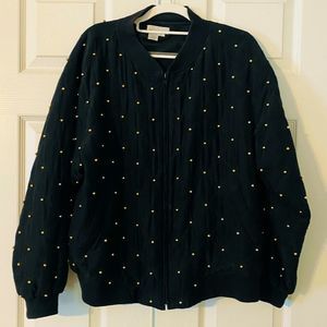 Vintage Black Silk Gold Beaded 80s 90s Zip Up Spring Jacket Size Large L